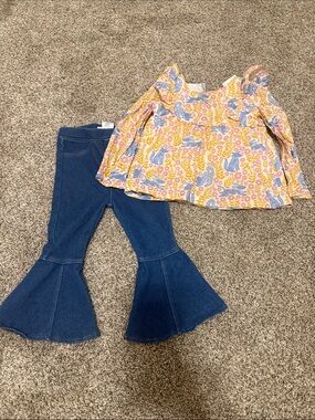 Girls Floral Peplum Top & Bell Bottom Jeans Set - Yellow Blue
